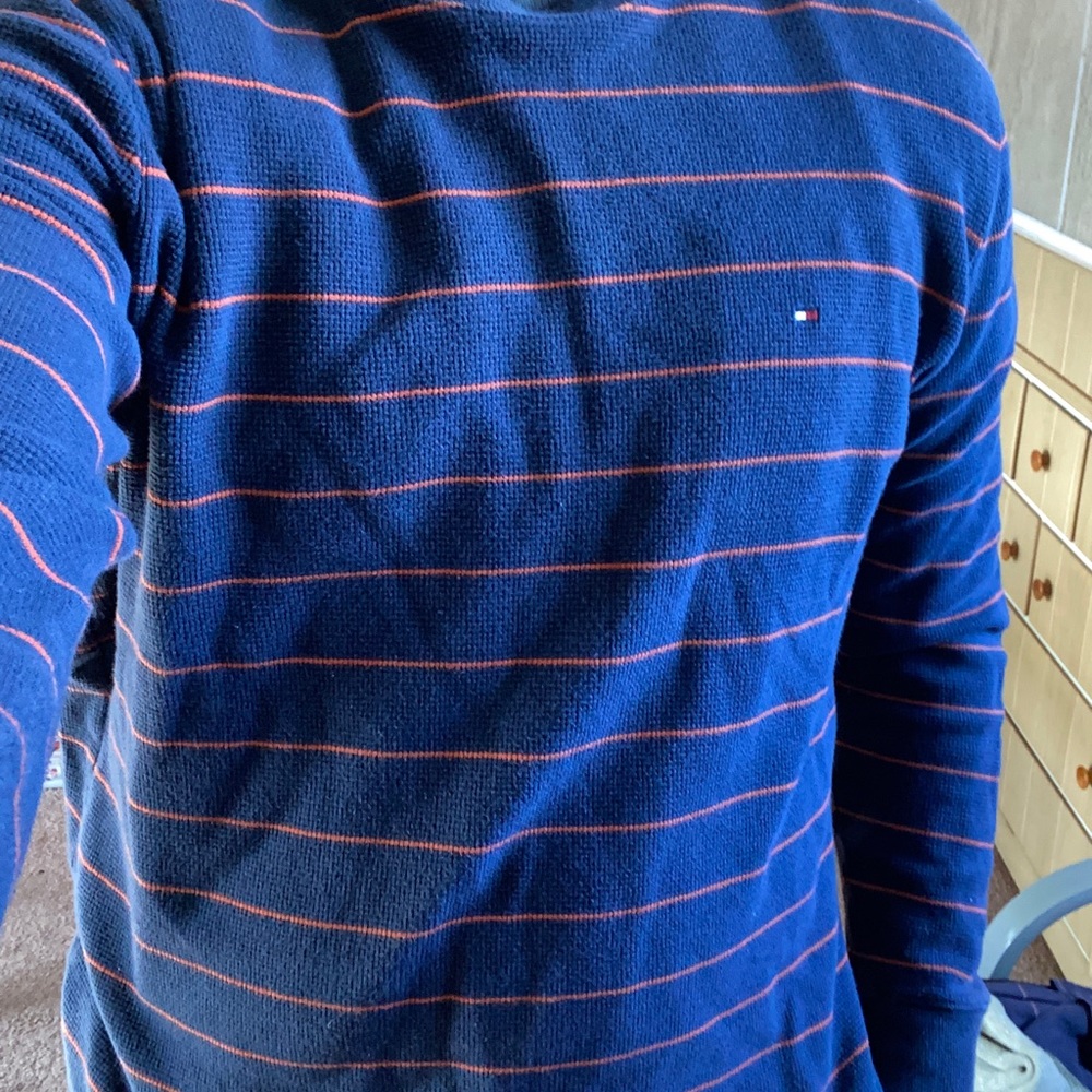 Mini waffle knit navy sweater with orange stripe from Tommy Hilfiger